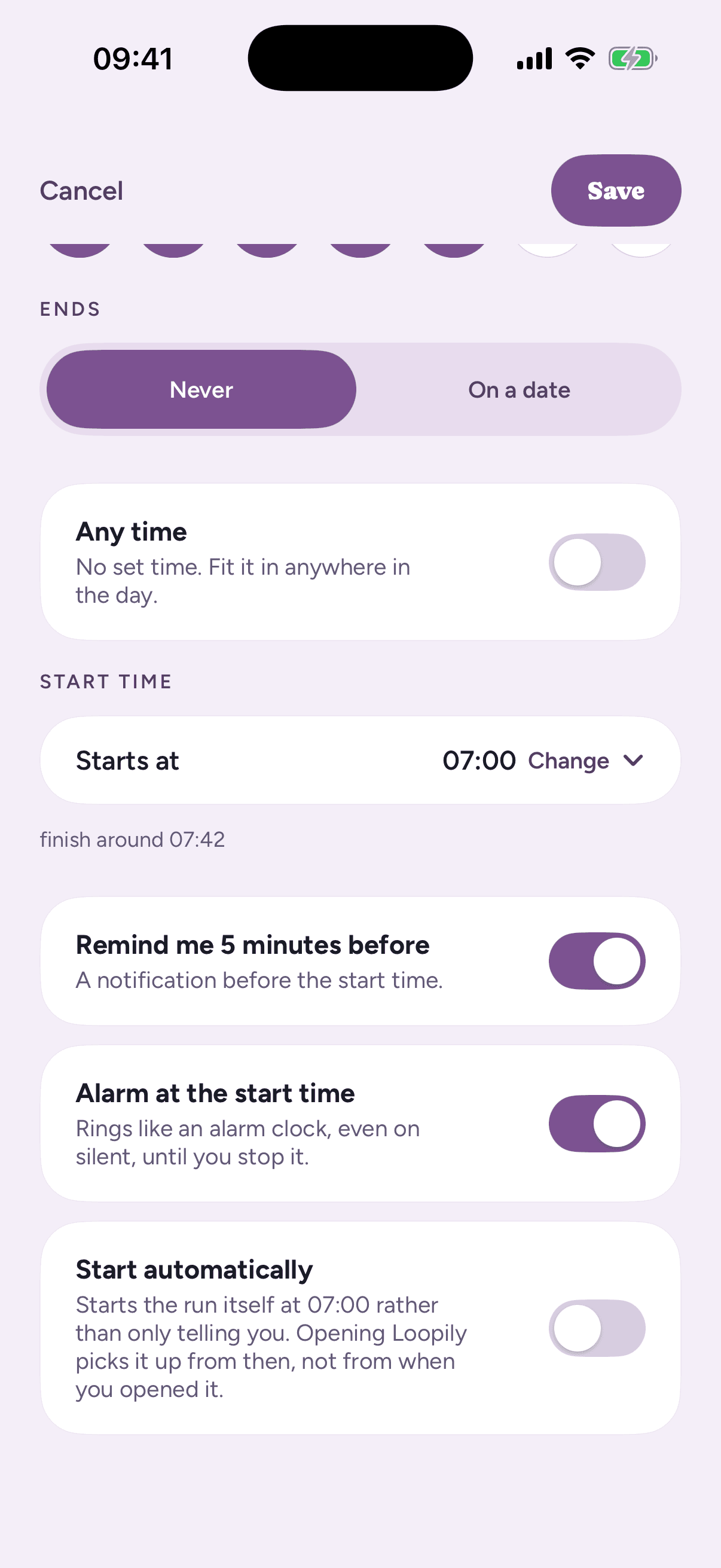 Loopily's schedule for Morning Reset at 07:00, with 'Remind me 5 minutes before' and 'Alarm at the start time' both switched on