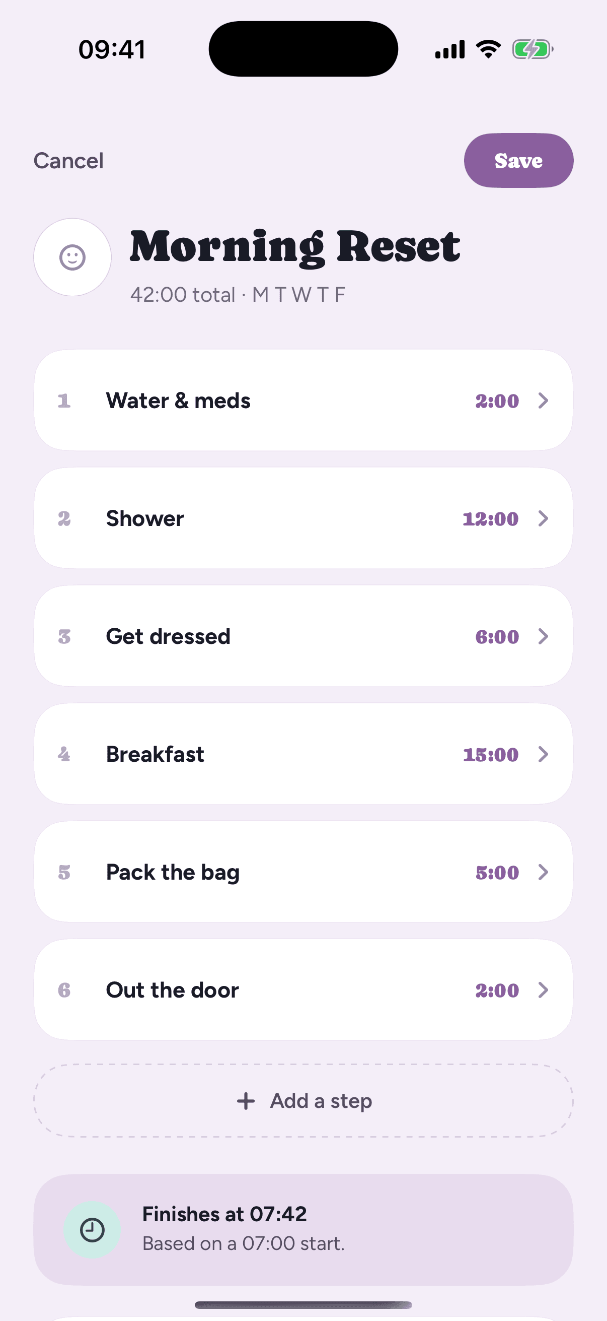 Loopily's routine builder, listing the steps of a routine with their times