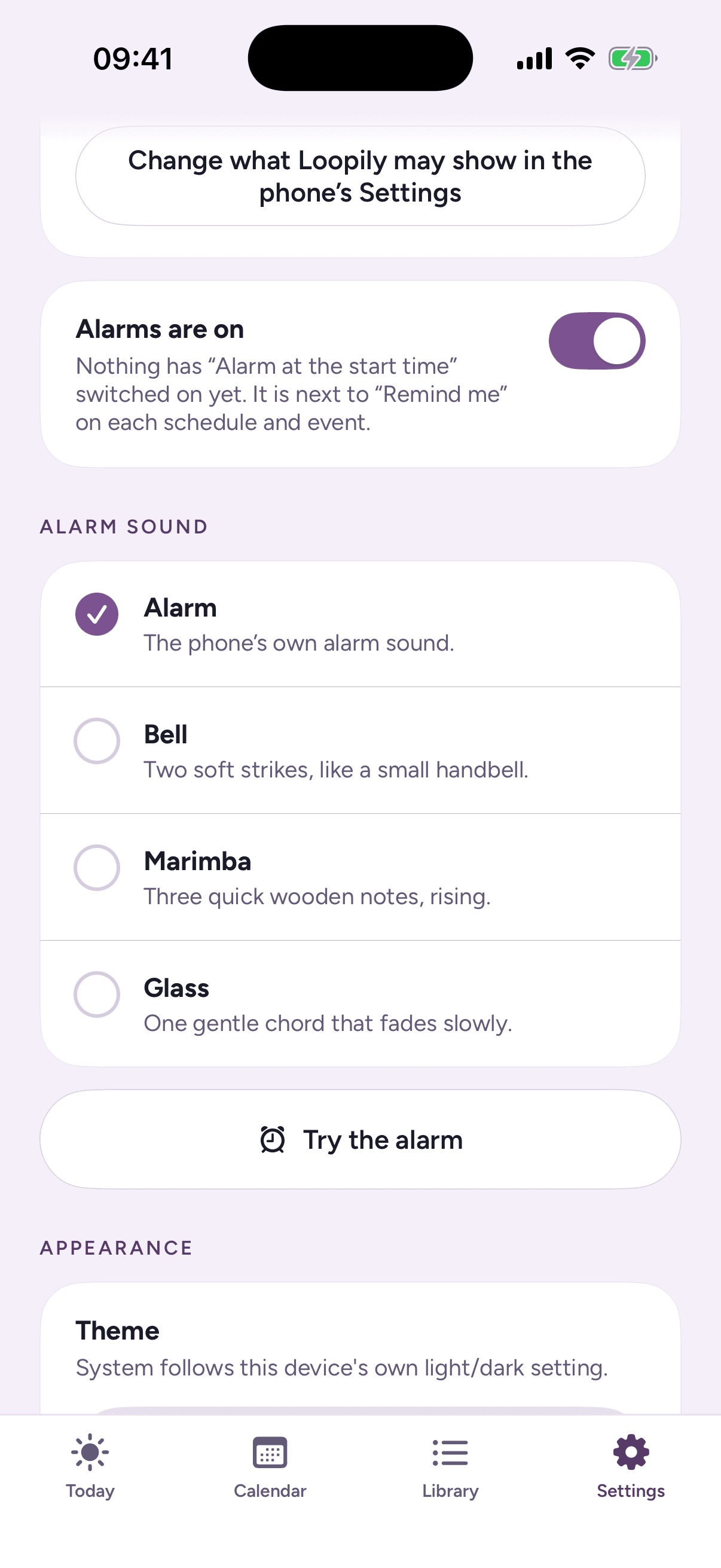 Loopily's Settings, showing 'Alarms are on', the Alarm sound choices Alarm, Bell, Marimba and Glass, and a 'Try the alarm' button