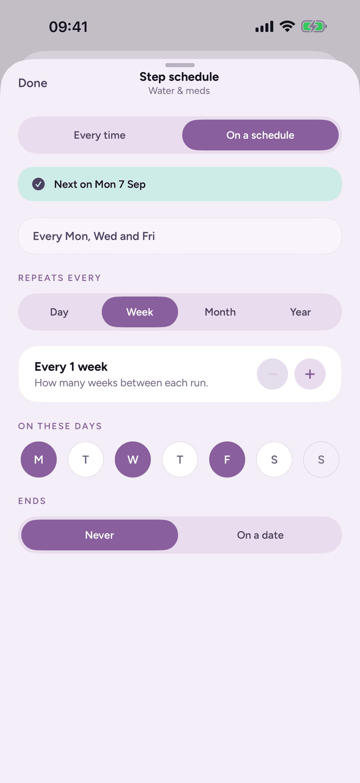 Loopily's step schedule sheet for the 'Water & meds' step, set to every Mon, Wed and Fri, showing when it's next on