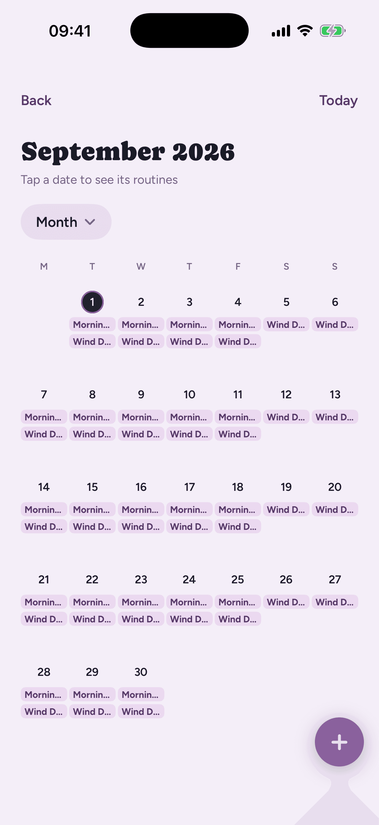 Loopily's month calendar view for September, with every day showing its scheduled routines