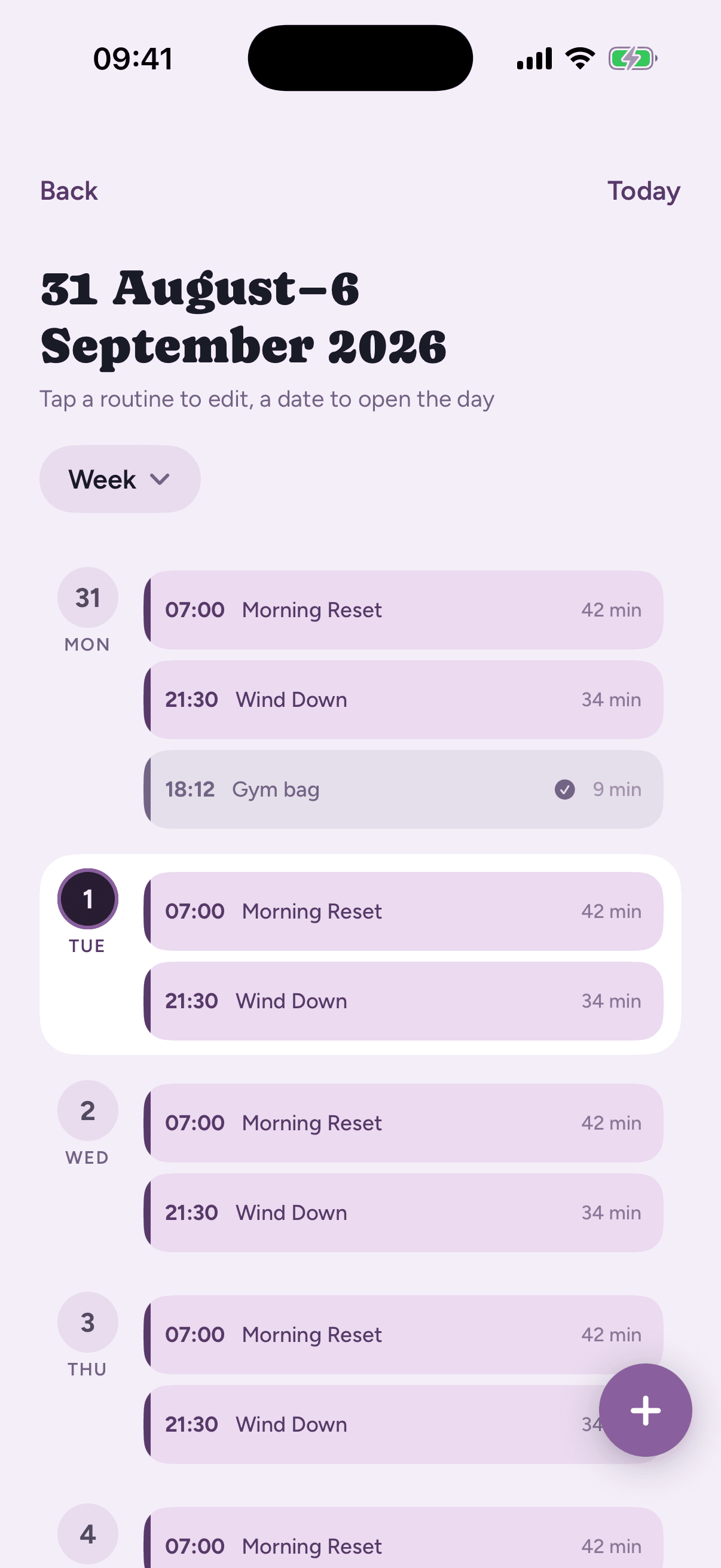 Loopily's week calendar view, showing Morning Reset and Wind Down scheduled across each day