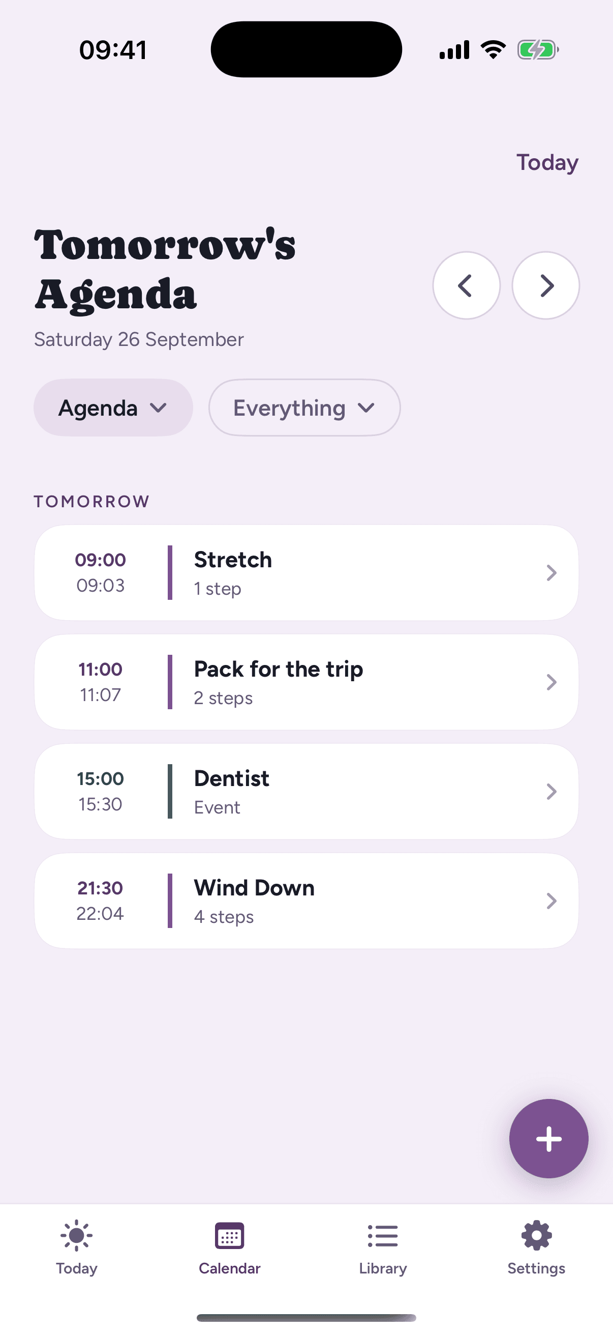 Loopily's agenda for Saturday 26 September: Stretch, Pack for the trip, a Dentist event from 15:00 to 15:30, and Wind Down