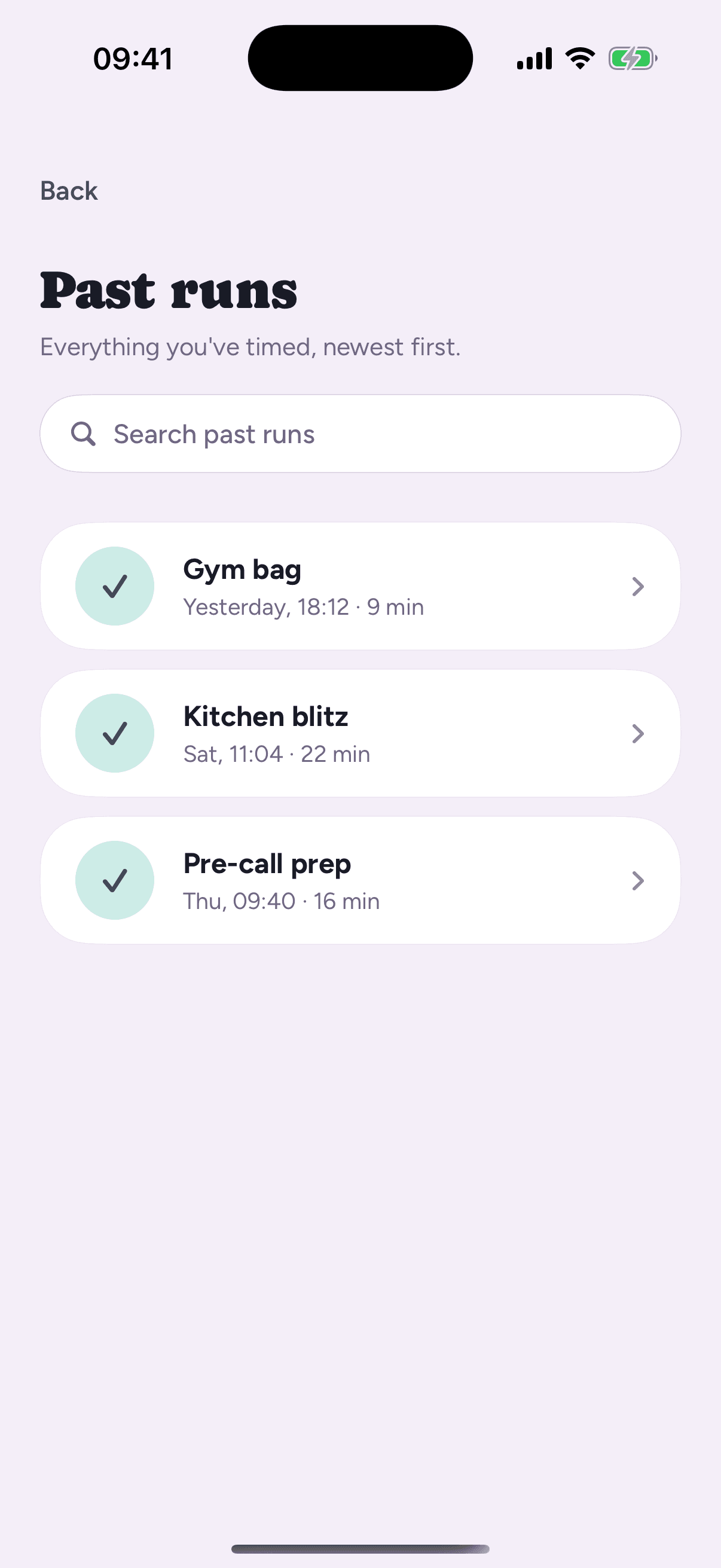 Loopily's Past runs history list, showing Gym bag, Kitchen blitz and Pre-call prep with their durations