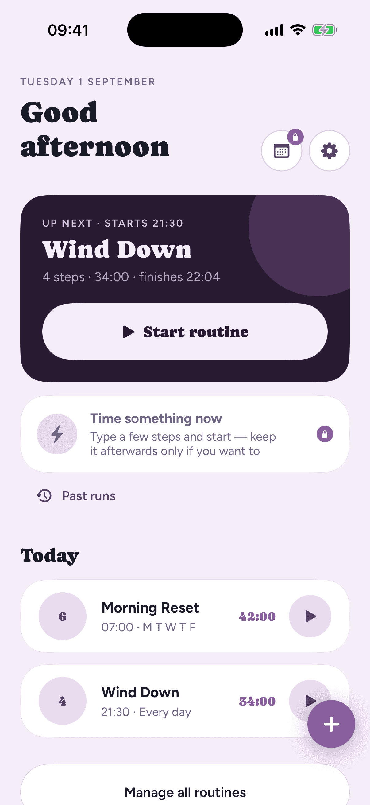 Loopily's Home screen listing today's routines, with a play button to start each one