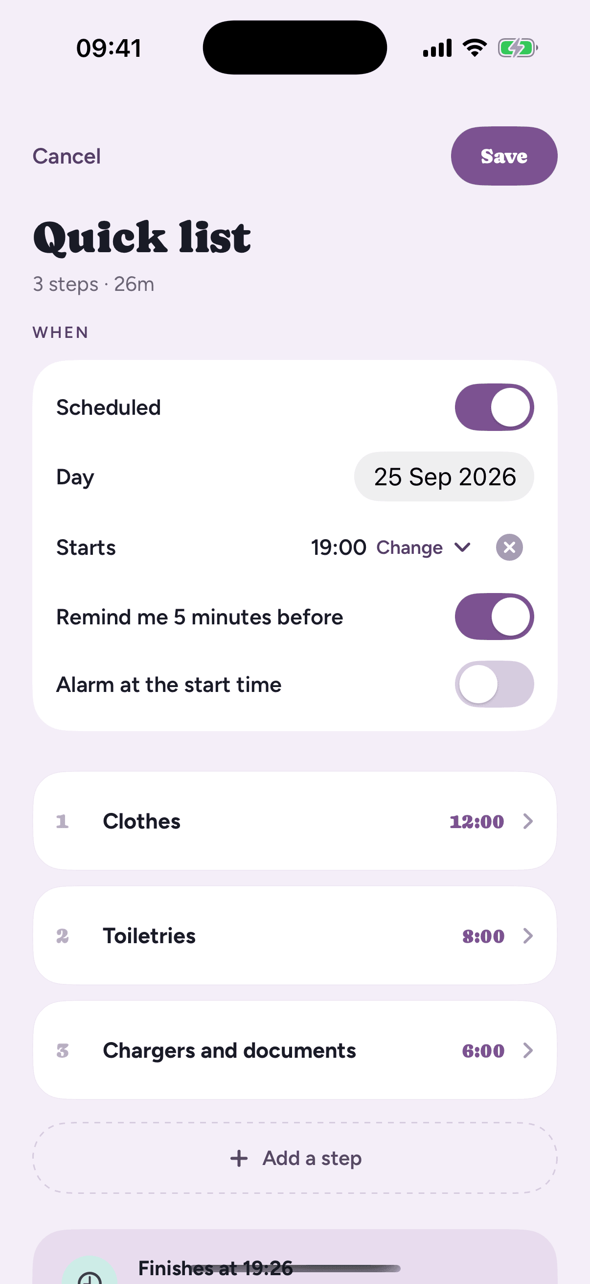 A Loopily quick list with three steps, Clothes, Toiletries, and Chargers and documents, scheduled for 25 September at 19:00 with a reminder switched on