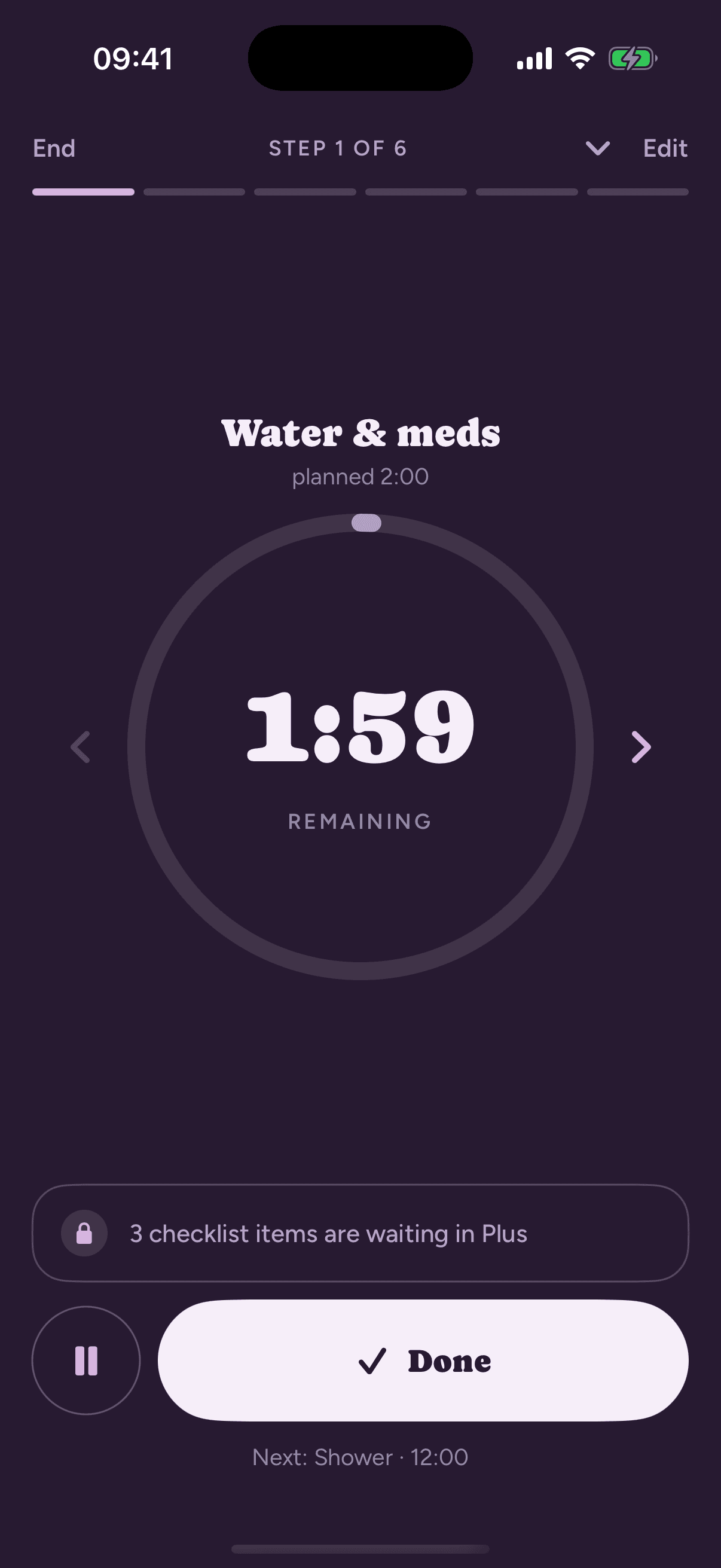 Loopily's run screen counting down 1:59 remaining on the 'Water & meds' step