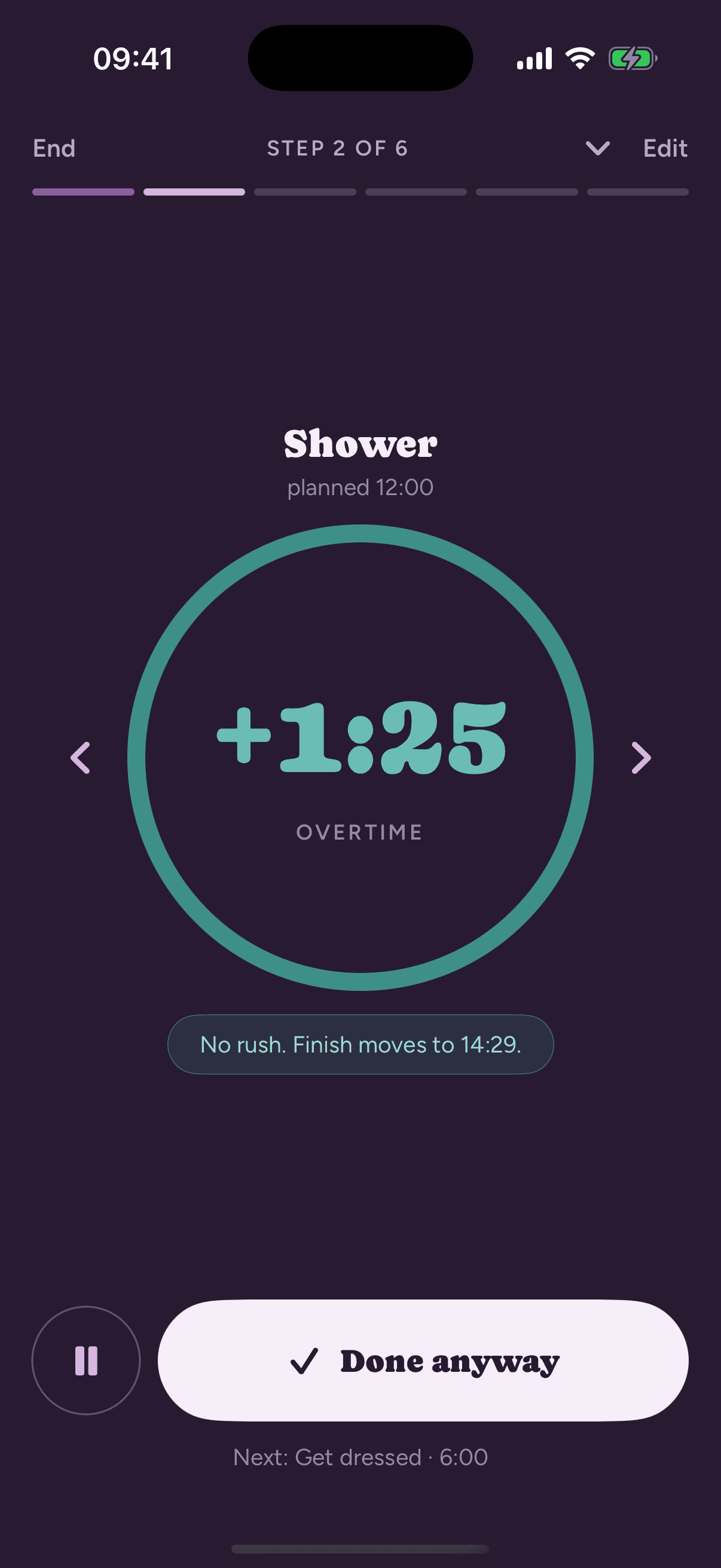 Loopily's run screen showing +1:25 overtime on the 'Shower' step, with a 'No rush' message and a Done anyway button