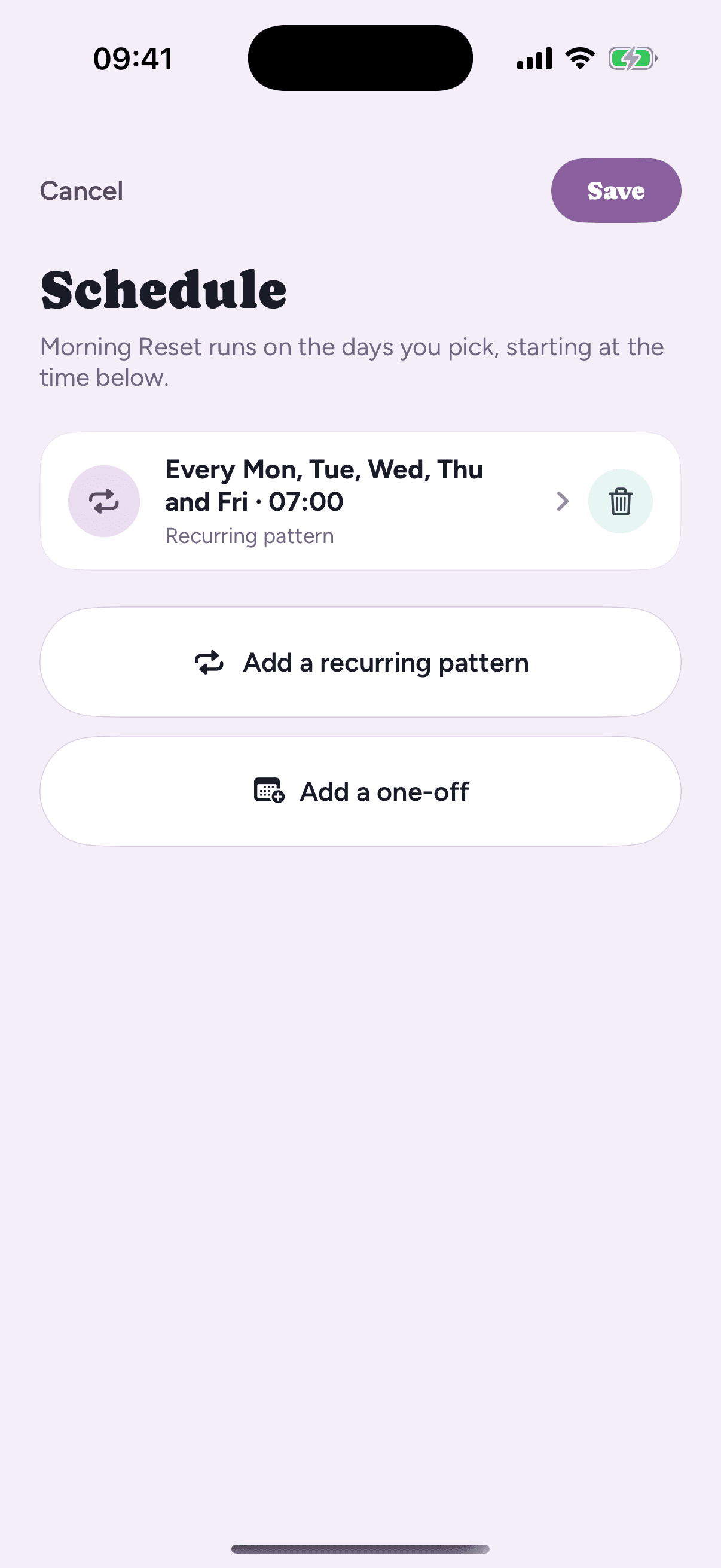 Loopily's schedule editor, showing a recurring pattern of every Monday through Friday at 7:00